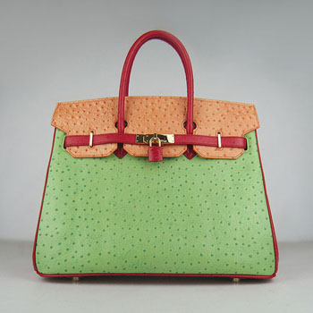 Hermes Birkin 35Cm Ostrich Stripe Handbags Red/Orange/Green Gold